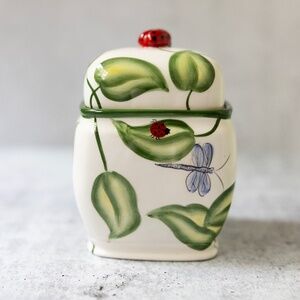Harry and David Ceramic Preserve Jar Garden Party Ladybug/Leaves/Dragonfly/Bee